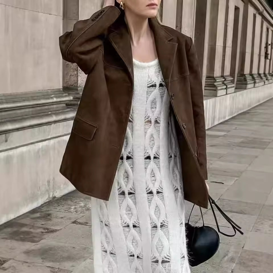 Women's Suede Longline Blazer Jacket with Notched Lapels