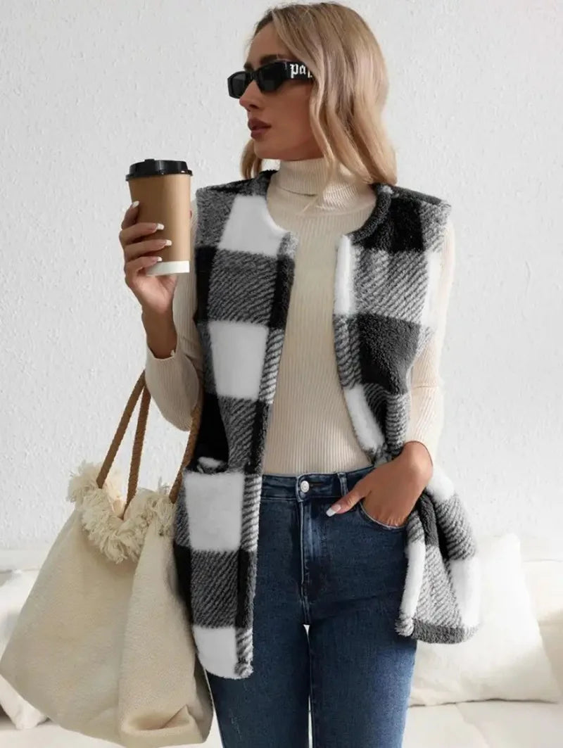 Women's Plush Checked Sleeveless Vest Cardigan