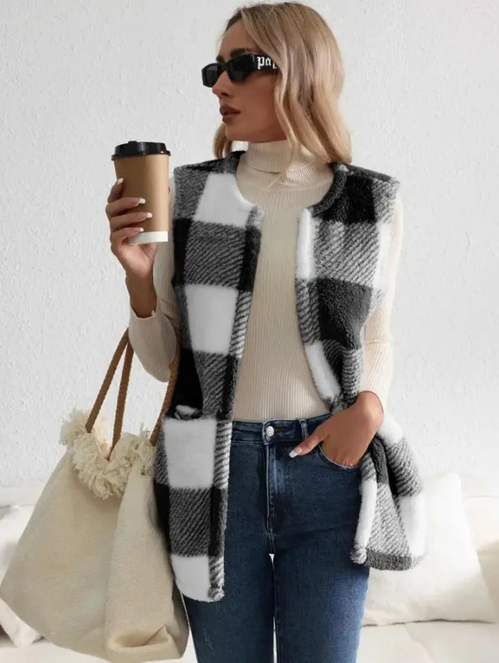 Women's Plush Checked Sleeveless Vest Cardigan