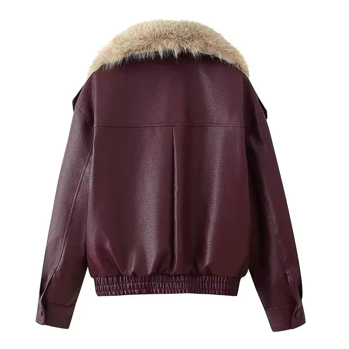 Women's Oversized Fur Collar Jacket — Wine Red