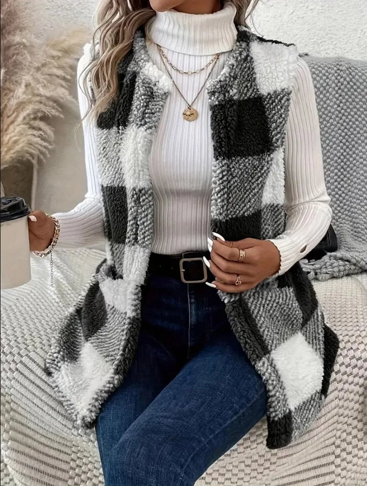 Women's Plush Checked Sleeveless Vest Cardigan