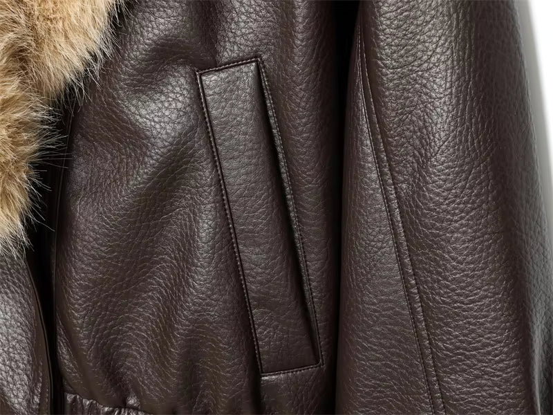 Women's Brown Jacket with Large Faux Fur Collar