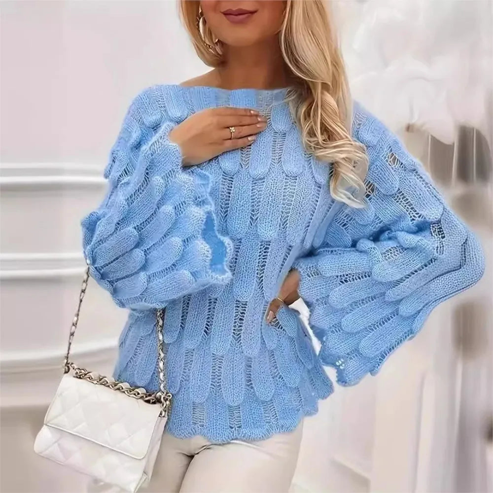Women's Feather Knit Slash Neck Pullover Top