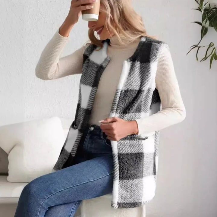 Women's Plush Checked Sleeveless Vest Cardigan