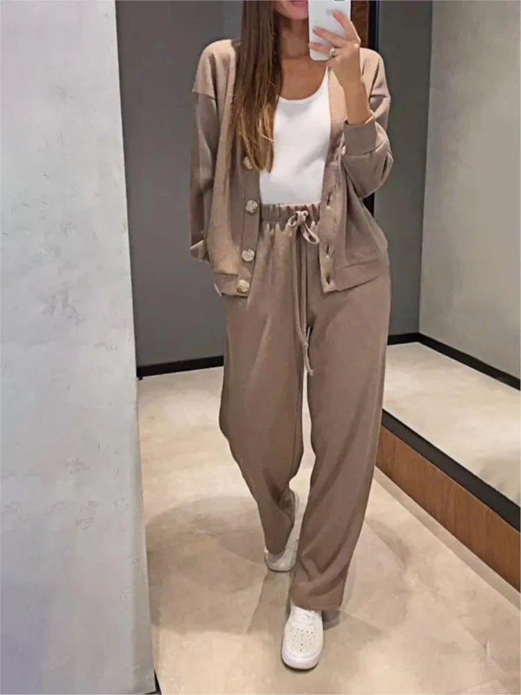 Women's Knit Cardigan and Trousers Two Piece Set