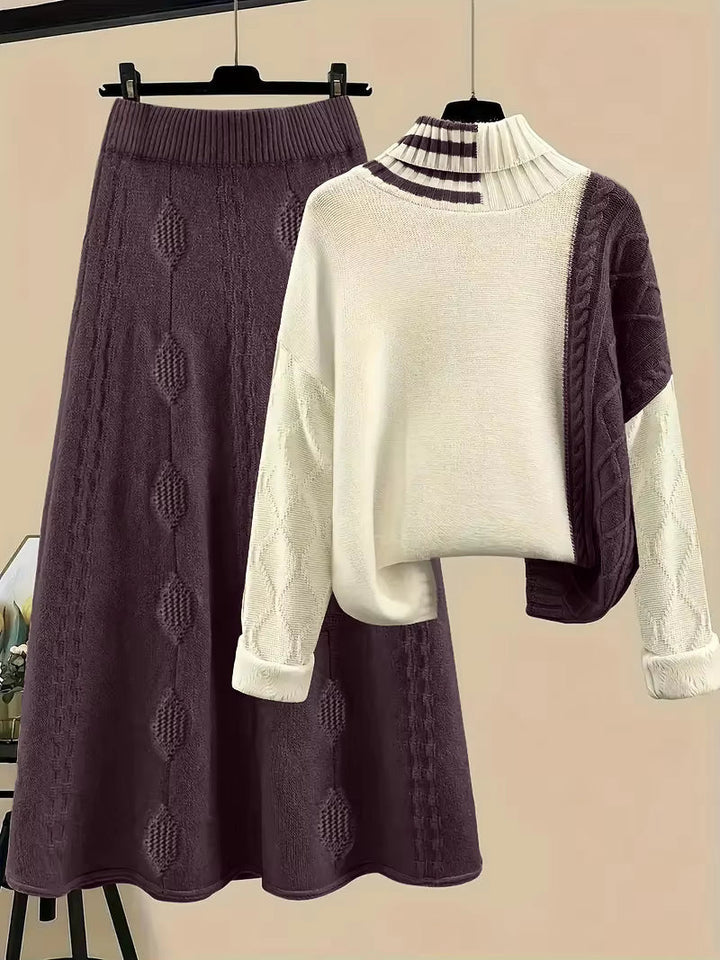 Women's Color Block Turtleneck Sweater & A Line Midi Skirt Set