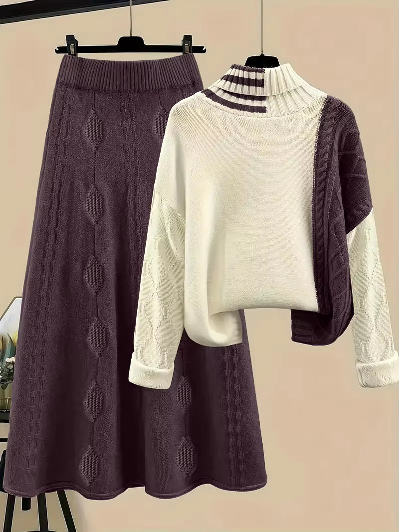 Women's Knit Set with Striped Turtleneck