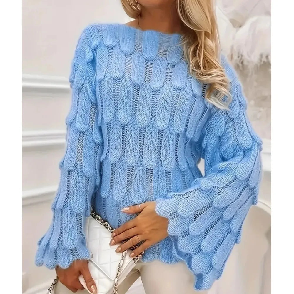 Women's Feather Knit Slash Neck Pullover Top