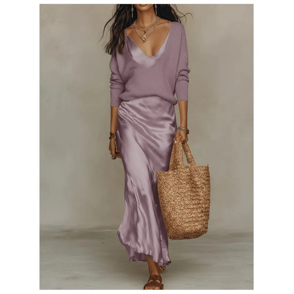 Women's Satin Slip Skirt and Knit Top Set