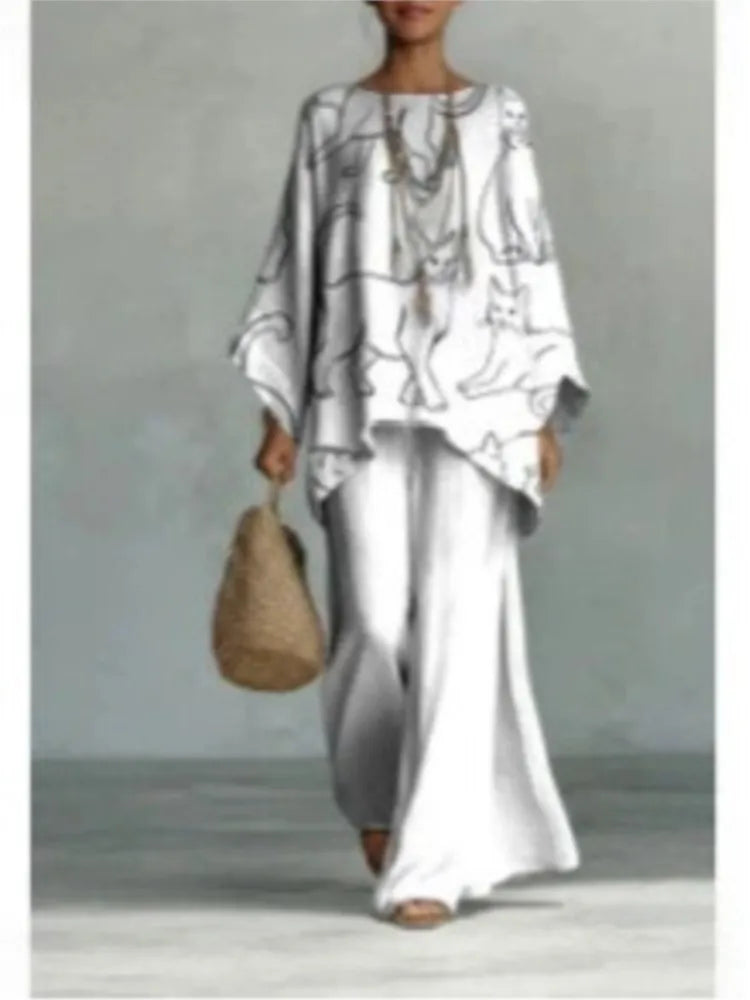 Women's Printed Top and Wide Leg Trousers Set