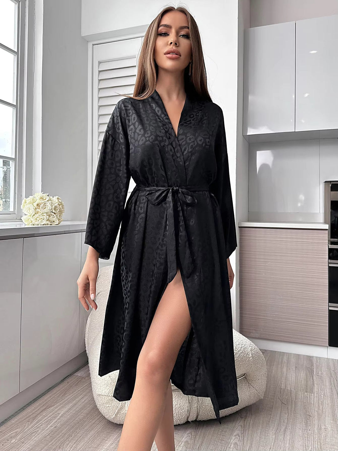 Women's Black Leopard Print Satin Bathrobe Belt