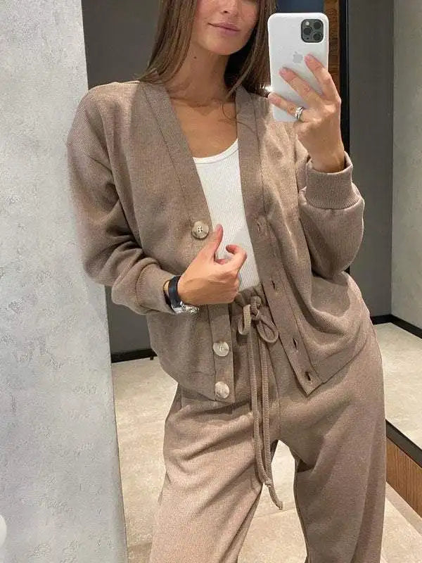 Women's Knit Cardigan and Trousers Two Piece Set