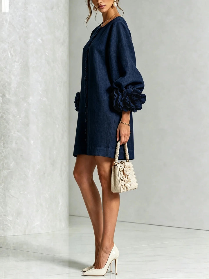 Women's Cotton Linen Mini Dress with Lantern Sleeves