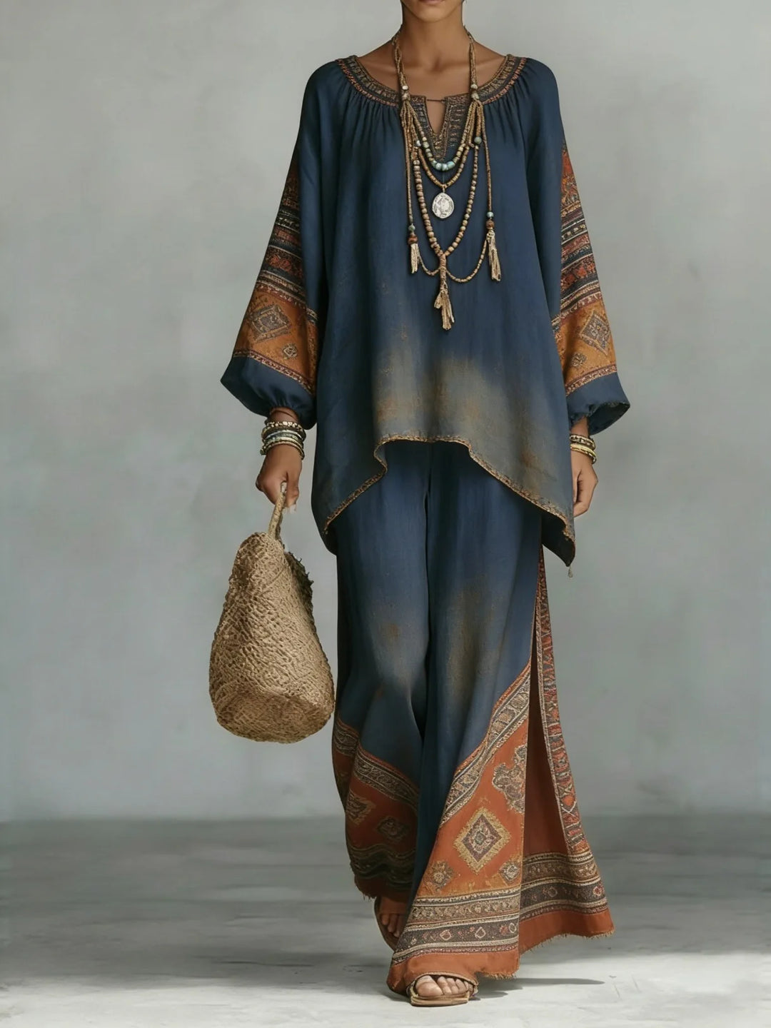 Women's Printed Top and Wide Leg Trousers Set