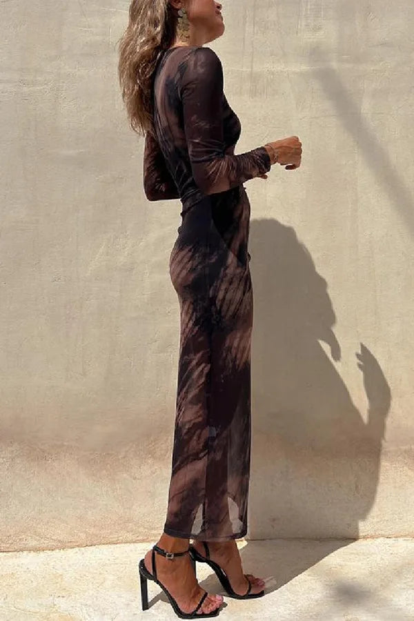 Women's Mesh Print Long Sleeve Midi Dress