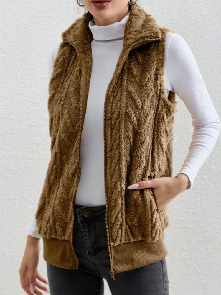 Women's Plush Zip Vest with Lapel Collar