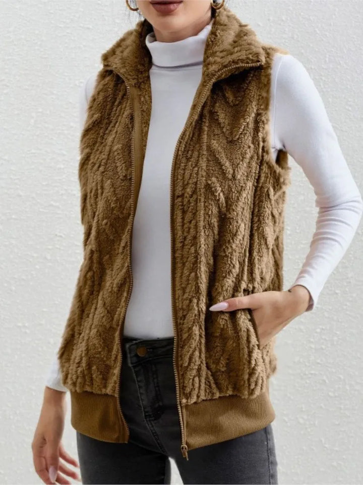 Women's Plush Zip Vest with Lapel Collar