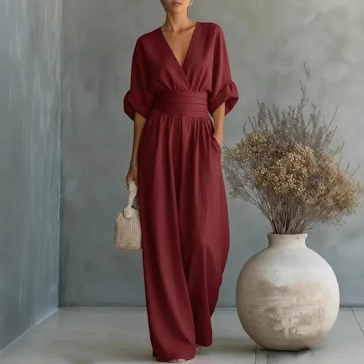 Elegant V Neck Wide Leg Jumpsuit