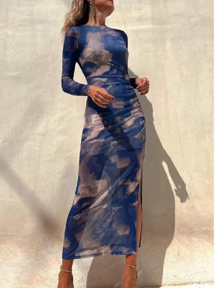 Women's Mesh Print Long Sleeve Midi Dress