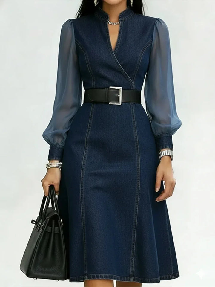 Women's Denim Midi Dress with Tulle Sleeves