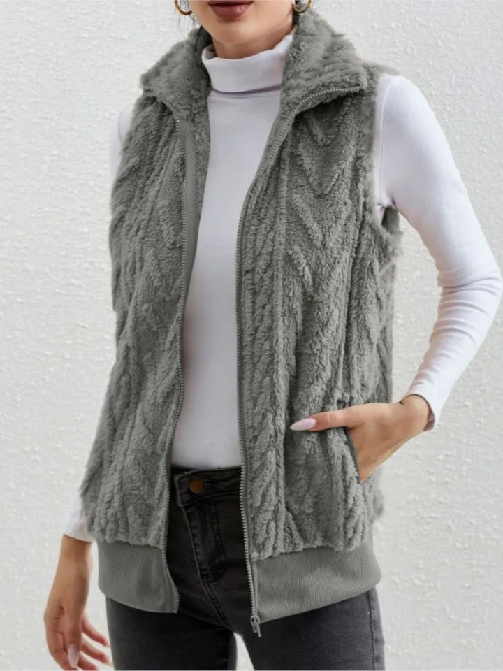 Women's Plush Zip Vest with Lapel Collar