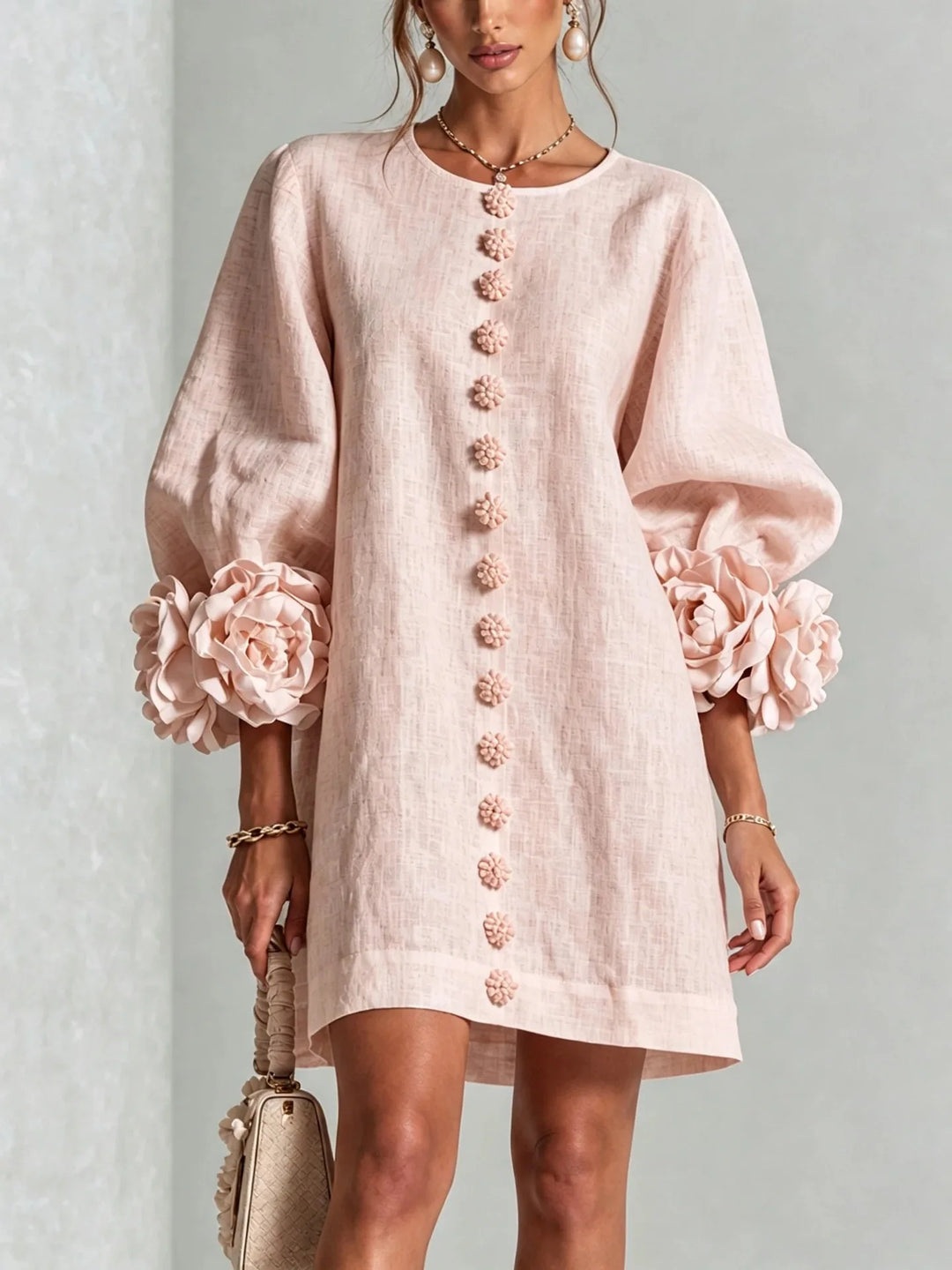 Women's Cotton Linen Mini Dress with Lantern Sleeves