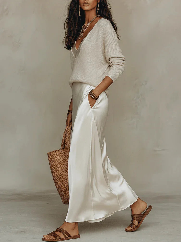 Women's Satin Slip Skirt and Knit Top Set