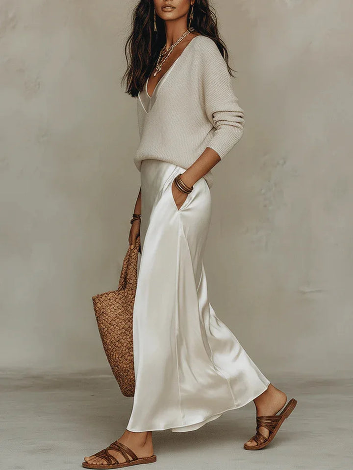 Women's Satin Slip Skirt and Knit Top Set