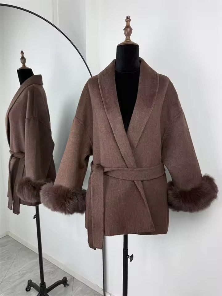 Women's Wool Blend Short Coat with Faux Fur Collar and Cuffs
