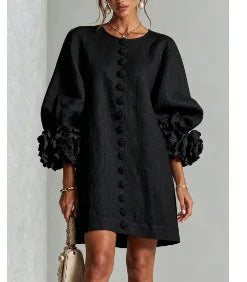 Women's Cotton Linen Mini Dress with Lantern Sleeves