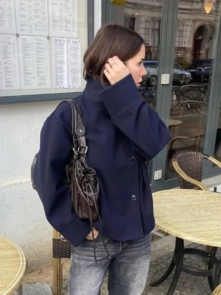 Women's Oversized Wool Blend Jacket – Casual Short Winter Coat