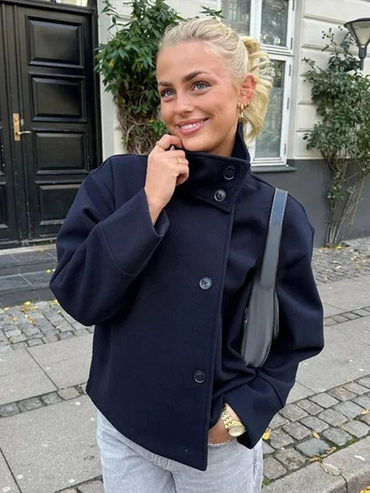 Women's Oversized Wool Blend Jacket – Casual Short Winter Coat