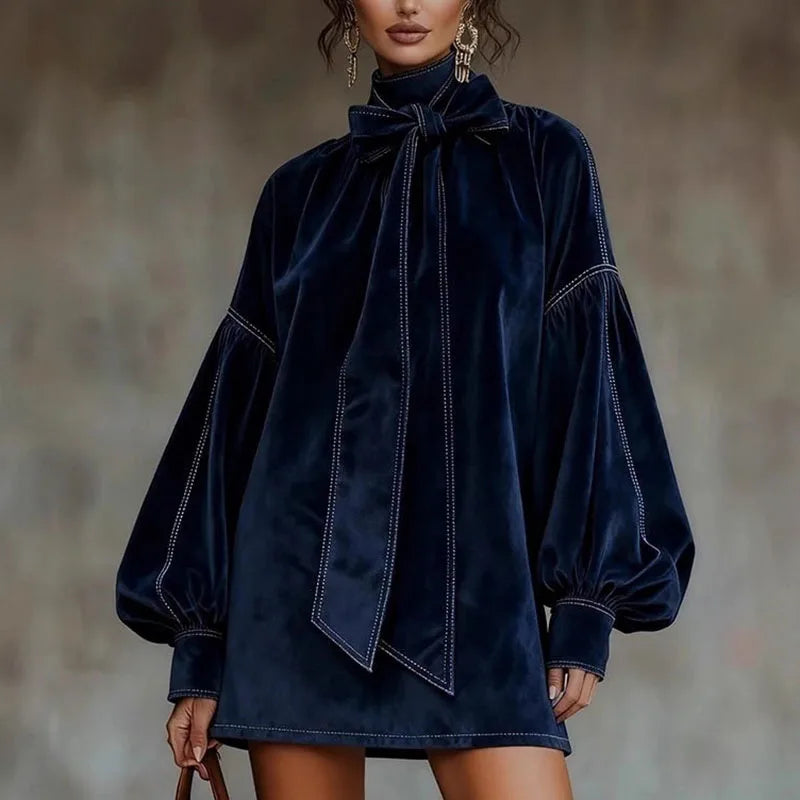 Women's Velvet Turtleneck Mini Dress with Bow