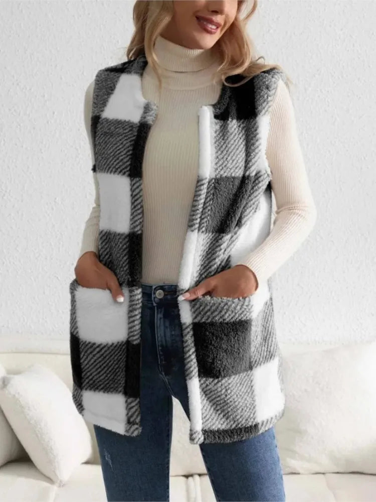 Women's Plush Checked Sleeveless Vest Cardigan