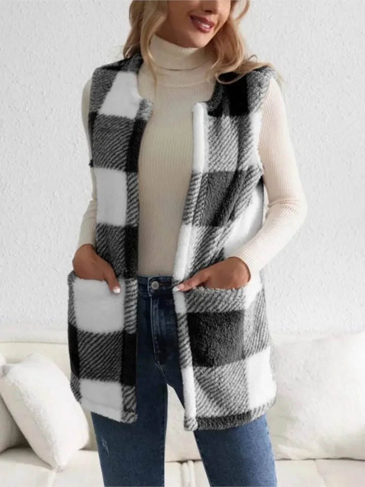 Women's Plush Checked Sleeveless Vest Cardigan