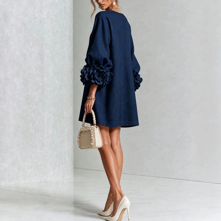 Women's Cotton Linen Mini Dress with Lantern Sleeves
