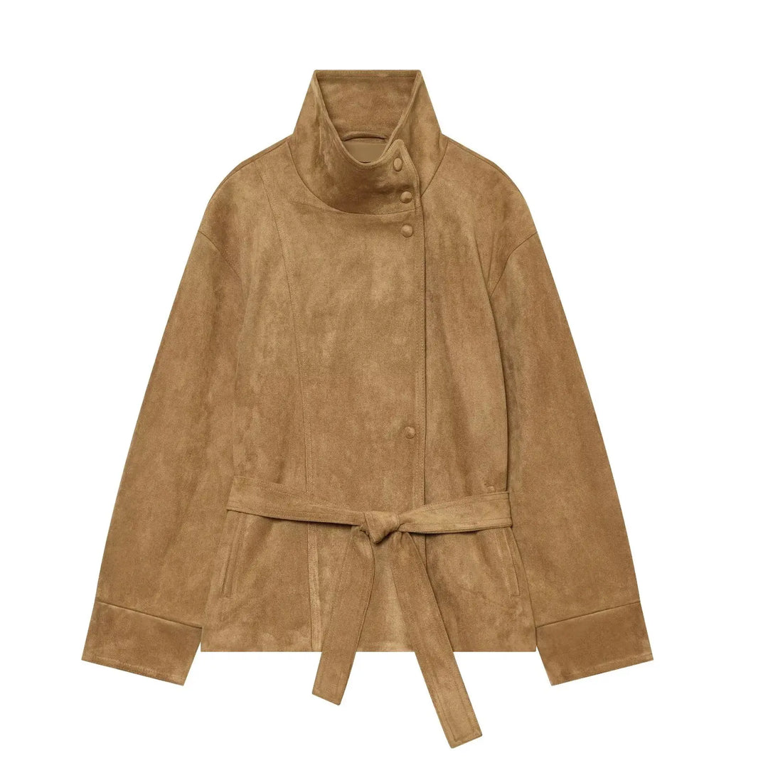 Women's Belted Faux Fur Jacket with High Neck