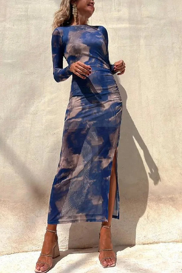 Women's Mesh Print Long Sleeve Midi Dress