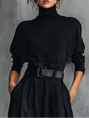 Women's Turtleneck Top and Belted Skirt Set