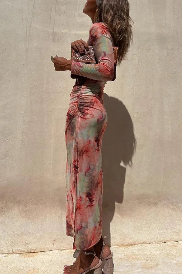 Women's Mesh Print Long Sleeve Midi Dress