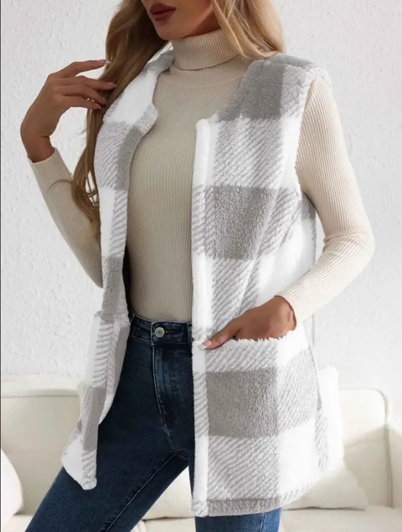 Women's Plush Checked Sleeveless Vest Cardigan
