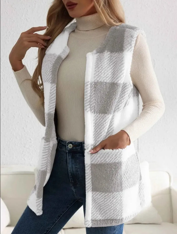 Women's Plush Checked Sleeveless Vest Cardigan
