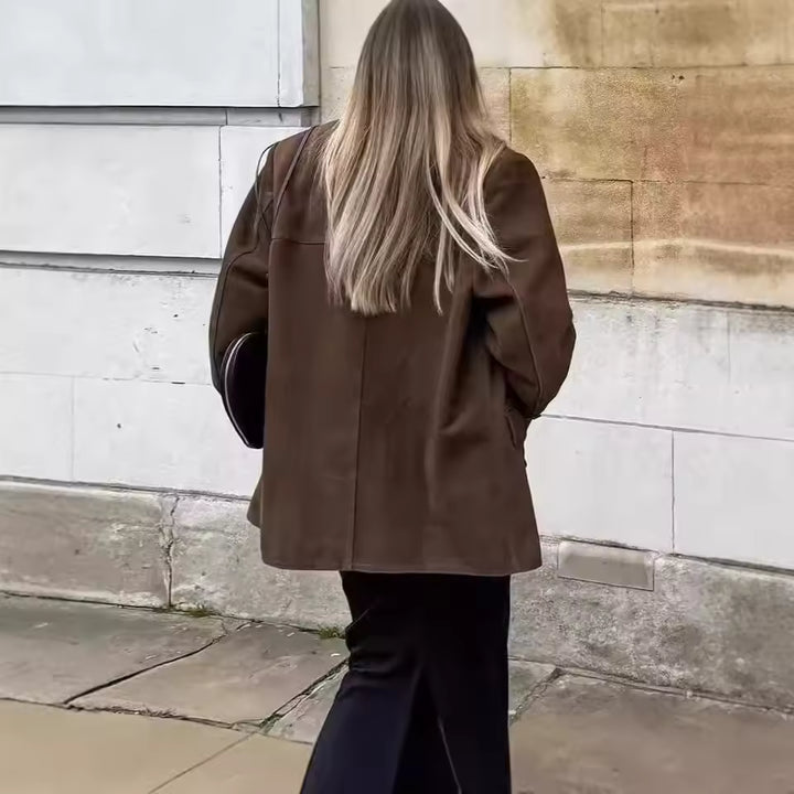 Women's Suede Longline Blazer Jacket with Notched Lapels