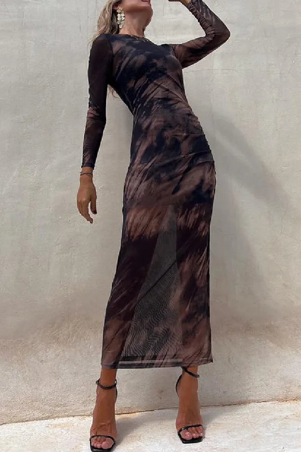 Women's Mesh Print Long Sleeve Midi Dress