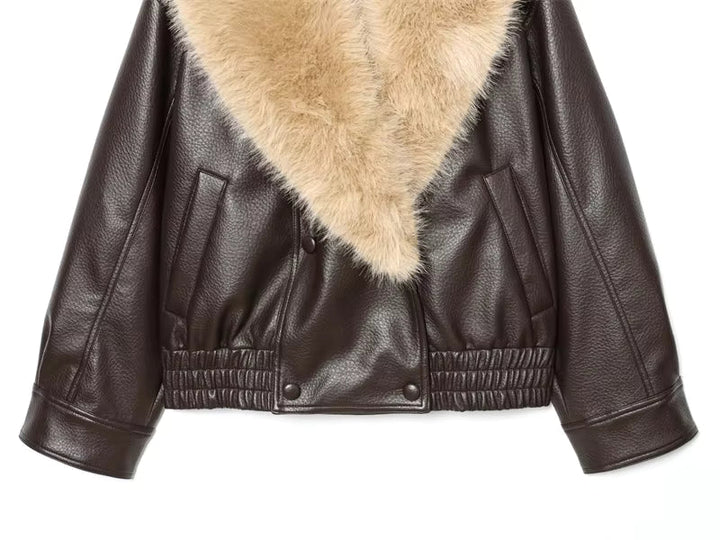 Women's Brown Jacket with Large Faux Fur Collar