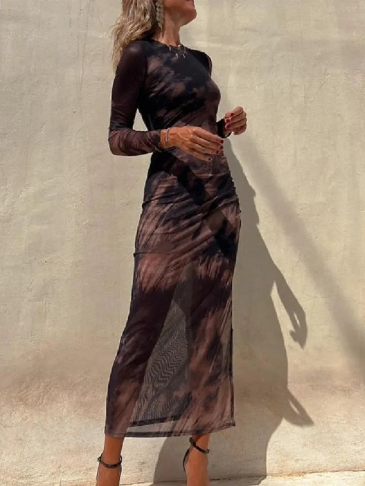 Women's Mesh Print Long Sleeve Midi Dress