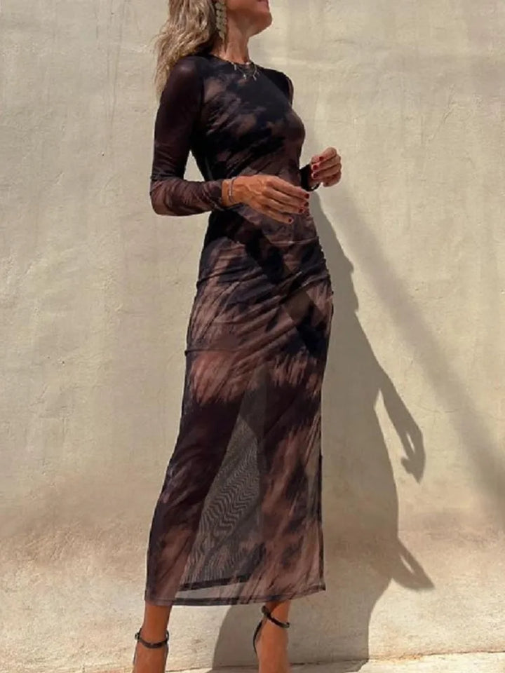 Women's Mesh Print Long Sleeve Midi Dress