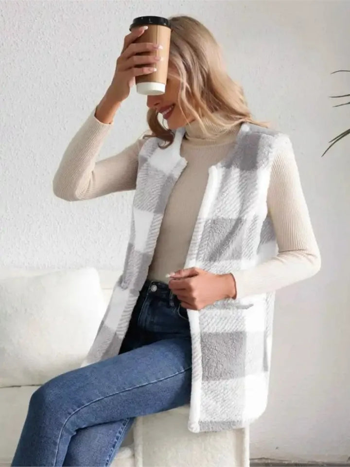 Women's Plush Checked Sleeveless Vest Cardigan