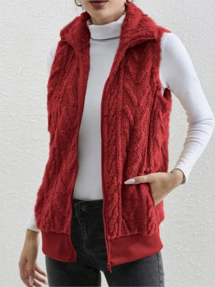 Women's Plush Zip Vest with Lapel Collar