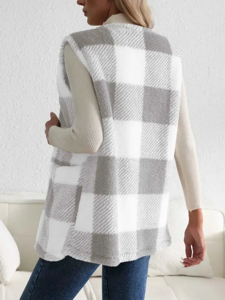 Women's Plush Checked Sleeveless Vest Cardigan